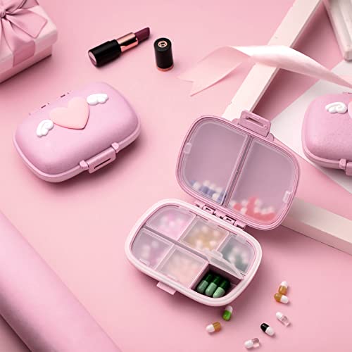 3 Packs Travel Pill Organizer 8 Compartments Small Cute Pill Container Angel Heart Pill Case Portable Pill Holder Daily Pill Holder Container for Pocket Purse (Pink)