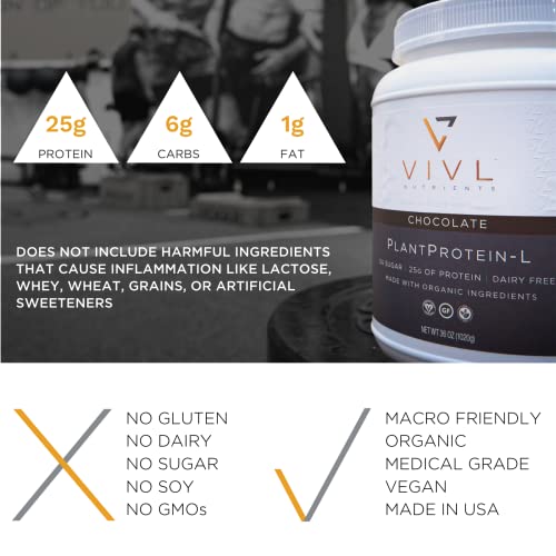 VIVL Nutrients Plant Protein-L Powder Chocolate, Vegan, Organic, No Dairy, No Sugar, No Gluten, Keto, Low Carb, Clean Ingredients, Low Fodmap, for Men & Women, 25g, 30 Servings, 36oz