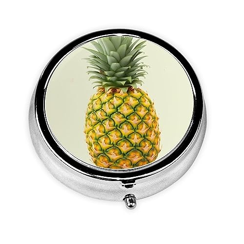 Round Pill Box Fresh Pineapple Cute Small Pill Case 3 Compartment Pillbox for Purse Pocket Portable Pill Container Holder to Hold Vitamins Medication Fish Oil and Supplements