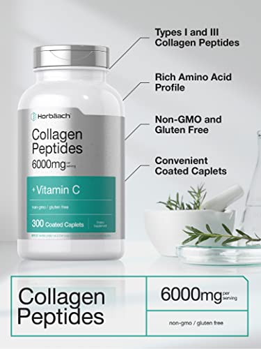 Collagen Peptides 6000mg | 300 Caplet Pills | with Vitamin C | Hydrolyzed Collagen Supplement | Non-GMO, Gluten Free | by Horbaach