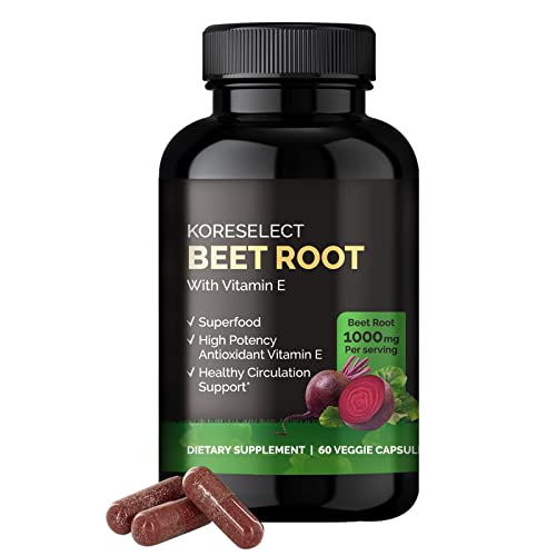 KORESELECT Beet Root 1000mg Capsules with Vitamin E -Supplement, Immune Support, Athletic Performance with Vegan 60 Caps, for Women and Men