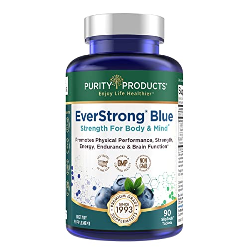 Purity Products EverStrong Blue Strength Building + Brain Boosting w/Muscle Matrix Blend ft. Creatine Monohydrate + More, PurityBlue Organic Blueberry Complex, 1000 IU Vitamin D3-90 Tablets