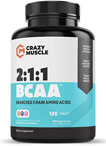 Crazy Muscle BCAA Pills with The Perfect 2:1:1 Ratio of Branched Chain Amino Acids Supplement - 1000mg of BCAAs per Pill (Better Than Capsules) by Crazy Muscle - 120 Tablets