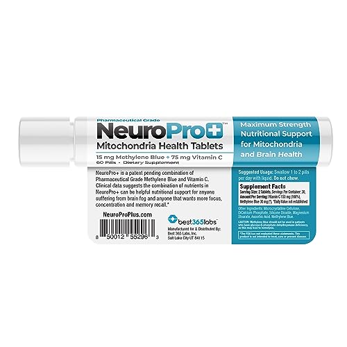 Best 365 Labs NeuroPro+ Maximum Strength Mitochondria Health Tablets - Methylene Blue and Vitamin C - Fast Acting Neuro Support - Improve Focus and Memory - 60 Tablets