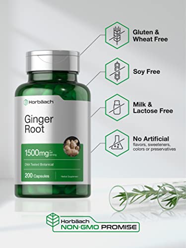 Ginger Root Capsules 1500 mg | 200 Pills | DNA Tested, Non-GMO, Gluten Free | Ginger Root Extract | by Horbaach