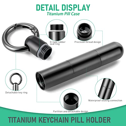 TISUR Keychain Pill Holder,Titanium Pill Case Small Pill Organizer Waterproof Pill Box, EDC Pill Container Metal Tube Outdoor Camping Travel for Men Women (Tiny Pill Case Black Extended)