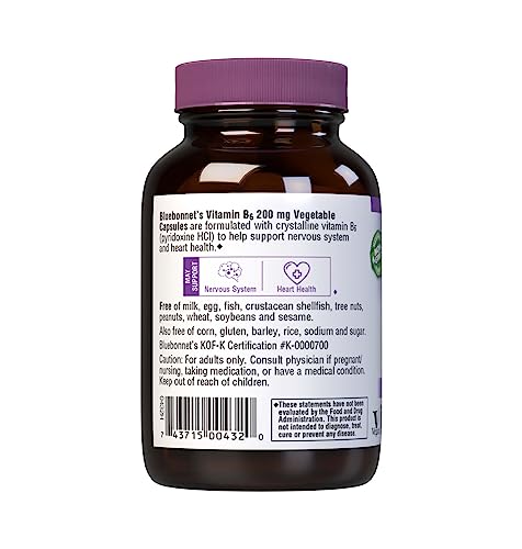 Bluebonnet Nutrition Vitamin B6 Vegetable Capsules, 200 mg, For Cardiovascular and Nervous System Health, Soy Free, Gluten Free, Kosher, Dairy Free, Vegan, Non-GMO, 90 Vegetable Capsules, 90 Servings