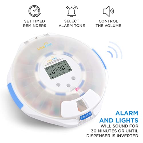 LiveFine Smart WiFi Automatic Pill Dispenser Frosted Lid | 28-Day Medication Organizer Up to 9 Doses Per Day for Care Monitoring with Lock Key, Light/Sound Alarms for Prescriptions & Vitamins