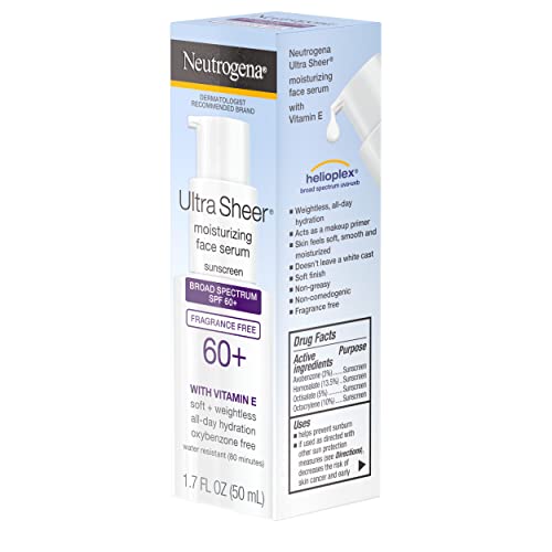 Neutrogena Ultra Sheer Moisturizing Face Serum with Vitamin E & SPF 60+, All Day Facial Sunscreen Serum with Broad Spectrum UVA/UVB Protection, Fragrance-Free, Oxybenzone-Free, 1.7 oz