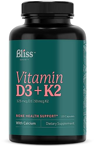 Bliss Serenity Vitamin D3 K2 - Vitamin D3 5000 IU with Vitamin K2 as MK-7, Calcium, and Phosphorus for Ultimate Absorption - Vitamin D Supplements, 120 Vegcaps, 120 Day Supply