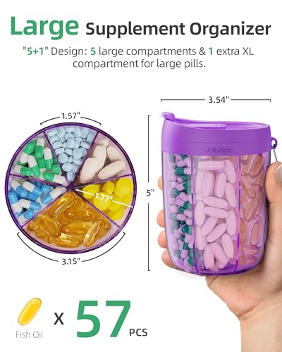 PULIV Large Supplement Organizer Bottle, Holds Plenty of Vitamins in 1 Monthly Pill Organizer Dispenser with Anti-Mixing & Wide Openings Design, Easy to Retrieve Meds, Includes 20 Pcs Labels, Purple