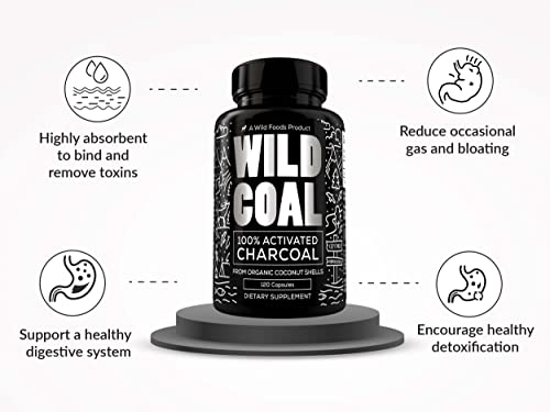 Wild Foods Activated Charcoal Capsules | 100% Organic Coconut Shells Active Tablets for Bloating & Hangover | Lab Tested & Non-GMO Detox Pills | Made in USA (120 Capsules)