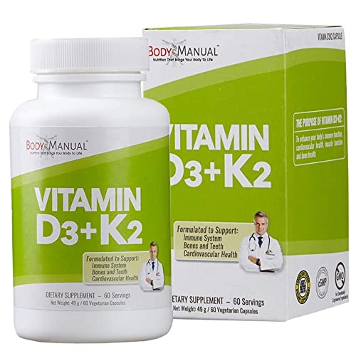 Body Manual Vitamin D3 (5,000 IU) + K2 (as MK-7 160 mcg) | GMO, Gluten & Dairy Free | Supports Immune and Cardiovascular Health, Brain Function, Bones, and Teeth | Easy to Swallow Capsules (60)