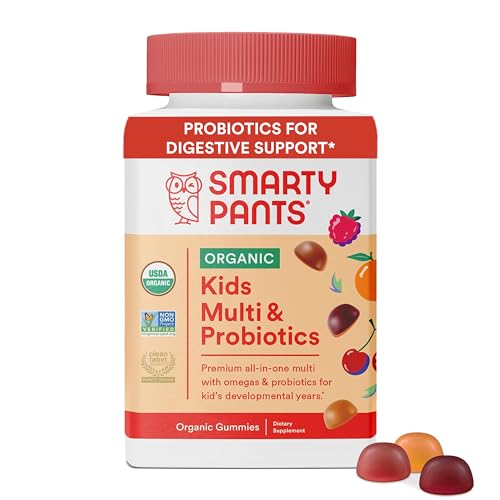 SmartyPants Organic Kids Multivitamin Gummies: Probiotics, Omega 3 (ALA), Vitamin D3, C, Vitamin B12, B6, Vitamin A, K & Zinc for Immune Support, Three Fruit Flavors, 120 Count (30 Day Supply)