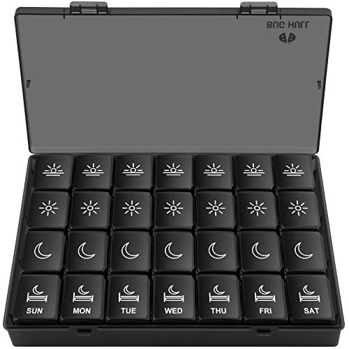 XL Pill Organizer 4 Times a Day,BUG HULL Large Weekly Pill Box for Travelling, Portable Pill Cases 7 Day pill Container Removable Daily Medicine Organizer for Cod-liver oil,Vitamins,Supplements(Black)