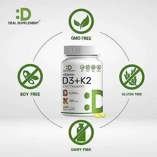 DEAL SUPPLEMENT Vitamin D3 K2 Softgel, 250 Count, 2-1 Complex, Vitamin D3 5000 IU & Vitamin K2 MK7, Promotes Heart, Bone & Teeth Health – Very Easy to Swallow