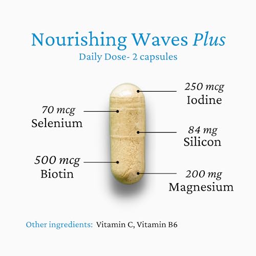 Rhoziva Nourishing Waves Plus Maintain Healthy Hair, Skin and Nails with Biotin, Vitamin B Complex with B1, B3, B6. Thyroid Support Supplement with Kelp, Iodine & Silicon. 60 Capsules (Pack of 1)