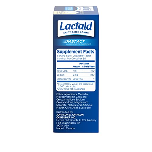 Lactaid Fast Act Lactose Intolerance Chewables with Lactase Enzymes, Vanilla, 60 Count (Pack of 1)