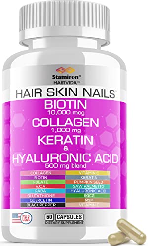 Stamiron Hair Skin and Nails Vitamins for Women with Biotin 10000mcg Collagen 1000mg Supplements Plus Keratin Hyaluronic Acid Saw Palmetto Bamboo Vitamin B & C for Hair Growth Nail & Skin - USA Made