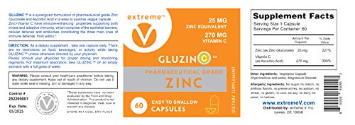 GluzinC Immune Power Combo of 25MG Pharmaceutical Grade Zinc Plus 270MG Vitamin C (60 Vegetarian Capsules)