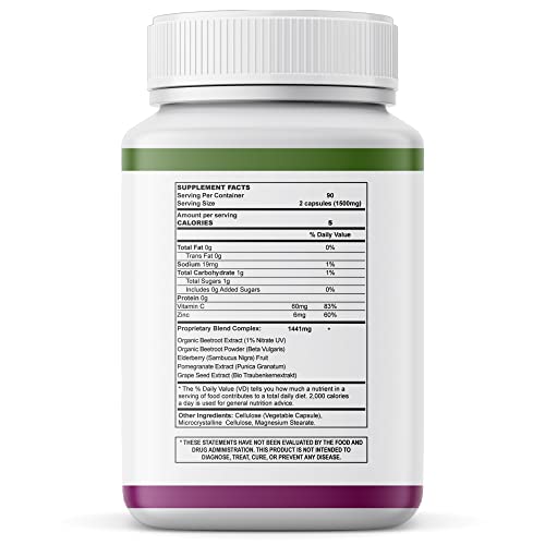 Beet Root Capsules 1500mg - Organic Beet Root Powder + Vitamin C Zinc, Elderberry, Pomegranate, Grape Seed Extract - Nitric Oxide Supplement, Supports for Healthy Circulation* -Vegan - 3 Months Supply