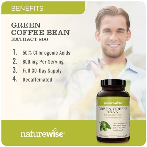 NatureWise Green Coffee Bean 800mg Max Potency Extract 50% Chlorogenic Acids, Raw Green Coffee Antioxidant Support Supplement & Support Healthy Weight Maintenance goals, Non-GMO, (60 Count)