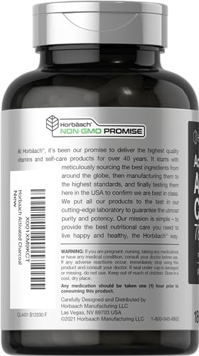 Charcoal Pills 780mg | 180 Capsules | Activated Charcoal from Coconut Shells | Non-GMO and Gluten Free | by Horbaach