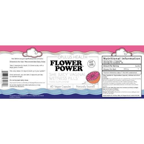 Flower Power ‘She Juicy’ Supplement for Vaginal Health | Slippery Elm Bark | Feminine Care for Women - Made in USA - 60 ct Vegan