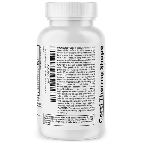 Youth & Tonic Thermogenic Supplement 30 Capsules as Advanced Diet Support for Energy Metabolism Focus Cravings for Men and Women with Caffeine Chromium Glucomannan Guarana Hoodia Gordonii