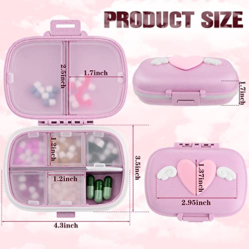 3 Packs Travel Pill Organizer 8 Compartments Small Cute Pill Container Angel Heart Pill Case Portable Pill Holder Daily Pill Holder Container for Pocket Purse (Pink)