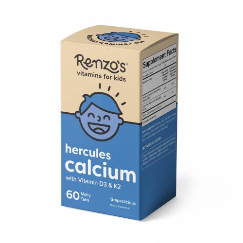 Renzo's Hercules Calcium Supplement with Vitamin D3 & K2 - Dissolving Kids Vitamins - 60 Grape-Flavored Melty Tabs