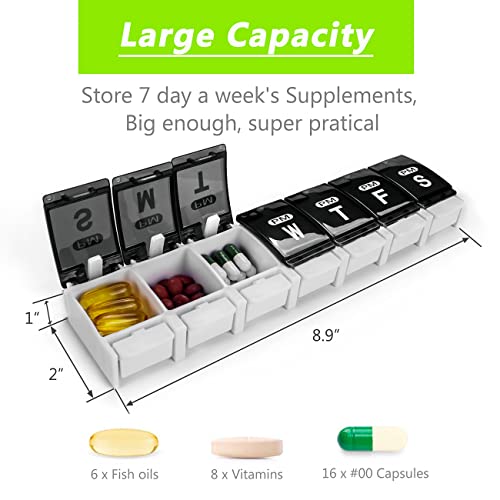 Weekly Pill Organizer 2 Times a Day - Remtise Am/Pm Daily Pill Case Medicine Organizer, Push Button 7 Day Pill Box for Pills/Vitamin/Cod Liver Oil/Supplements (Black & White)