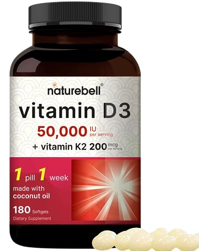 NatureBell Vitamin D3 50,000 iu with K2 200 mcg, 180 Coconut Oil Softgels | Vitamins D as Cholecalciferol & K as MK-7 | Max Strength Bone, Heart, Immune, & Calcium Support | Once Weekly, Non-GMO