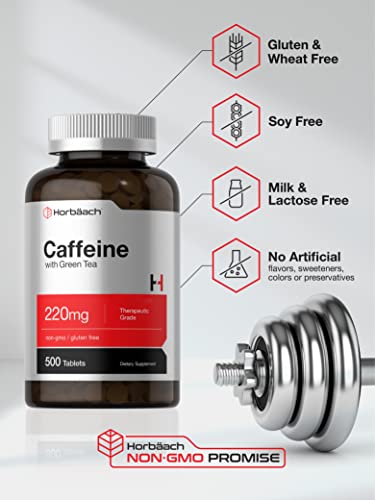 Caffeine Pills 200mg with Green Tea | 500 Tablets | Vegetarian, Non-GMO & Gluten Free | by Horbaach