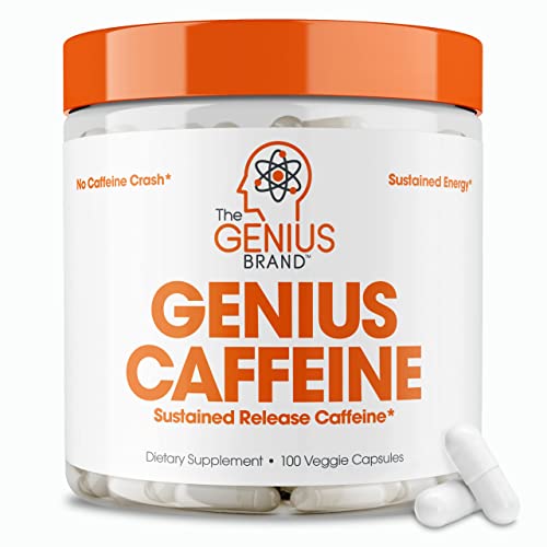 Genius Caffeine Pills 100mg, Extended-Release Microencapsulated Caffeine Pills - All-Natural Non-Crash Sustained Energy, Focus & Concentration Supplement - Nootropic Brain Booster - 100 Capsules