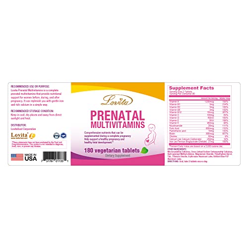 Lovita Prenatal Vitamins with Iron 27 mg, Folic Acid 800mcg & Calcium, Vegan Prenatal Vitamins for Women During and Post Preganacy, Non GMO, 180 Vegetarian Prenatal Pills