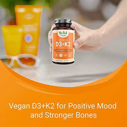 Nested Naturals – Vitamin D3+K2 | Supports a Healthy Immune System, Heart, & Strong Bones | 100% Vegan & Non GMO | 5000 IU Vitamin D3 from Lichen with 100 mcg Vitamin K2 MK-7-60 D3K2 Capsules