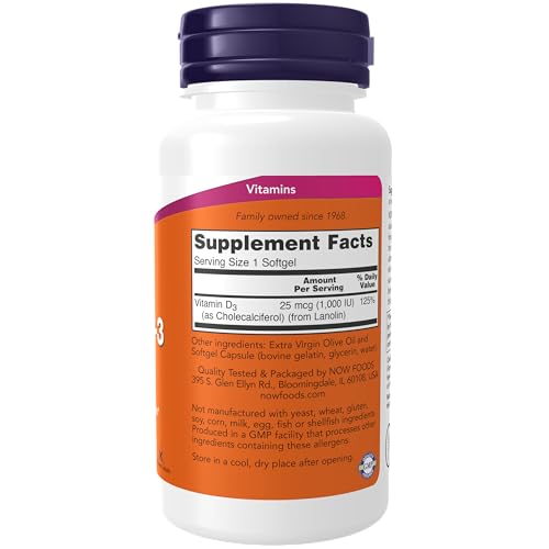 Vitamin D-3, High Potency, 1,000 IU, 180 Softgels, Now Foods