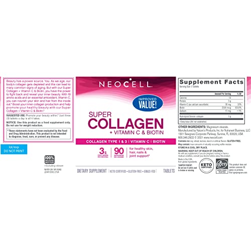 NeoCell Super Collagen Peptides + Vitamin C & Biotin, 3g Collagen Per Serving, Gluten Free, Promotes Healthy Hair, Beautiful Skin, and Nail Support, Dietary Supplement, 270 Tablets