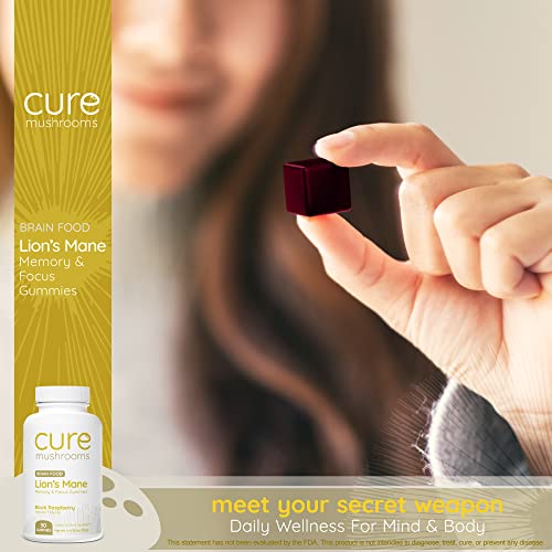 CURE MUSHROOMS Lion's Mane Gummies - Organic Mushroom Supplement - Supports Brain Function, Memory & Focus - Delicious Fruit Gummy