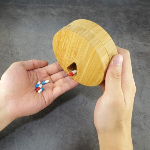 Bamboo Wood Pill Organizer for Medicine Vitamin Weekly, Arthritis Friendly 7-Day Pill Box Medium Container Holder, Daily Portable Travel Pill Case