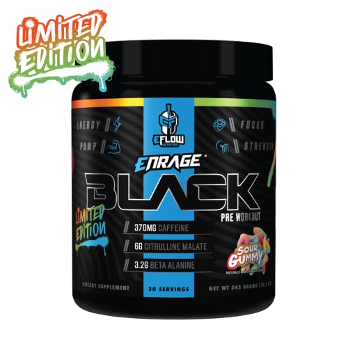 eFlow Nutrition Enrage Black High Stimulant Pre Workout Supplement - Preworkout Powder to Boost Energy, Pumps and Strength - 4 Flavors (30 Servings) (Sour Gummy)