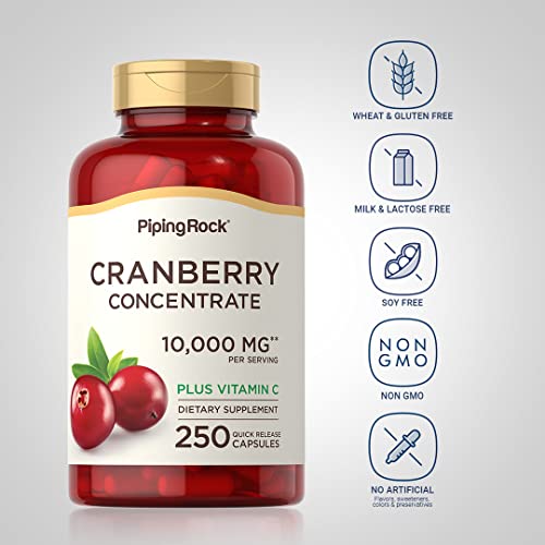 Piping Rock Cranberry Pills for Women | 10,000 mg | 250 Capsules | Concentrate Extract Plus Vitamin C | Non-GMO, Gluten Free Supplement