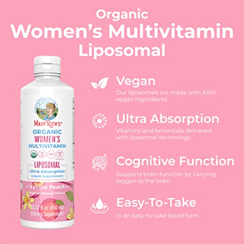 MaryRuth's | USDA Organic Liquid Multivitamins for Women | Liposomal Womens Multivitamin for Immune Support | Vanilla Peach | Sugar-Free, Vegan | 15.22 Fl Oz