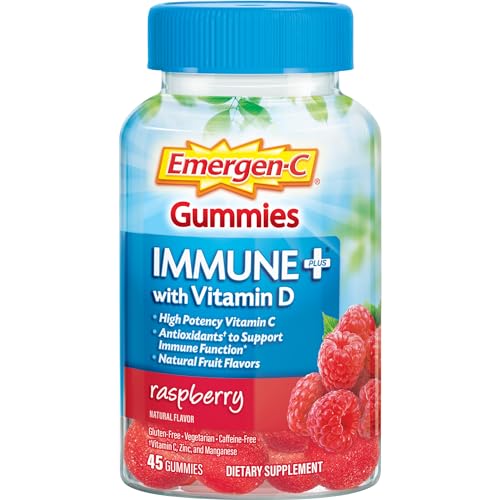 Emergen-C Immune+ Immune Gummies, Vitamin D Plus 750 mg Vitamin C, Immune Support Dietary Supplement, Caffeine Free, Gluten Free, Raspberry Flavor - 45 Count