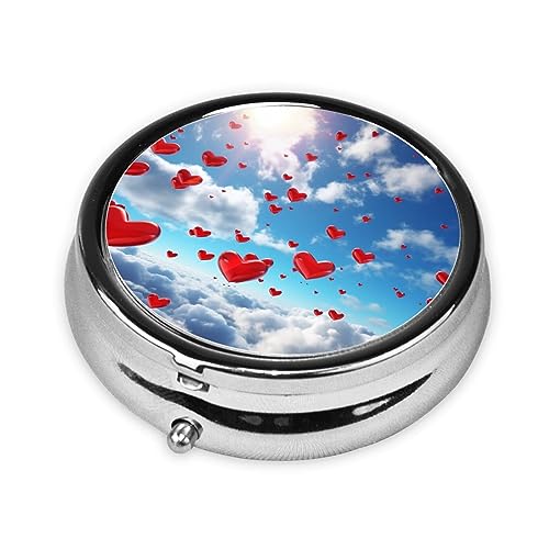 Round Pill Box Hearts in The Sky Cute Small Pill Case 3 Compartment Pillbox for Purse Pocket Portable Pill Container Holder to Hold Vitamins Medication Fish Oil and Supplements