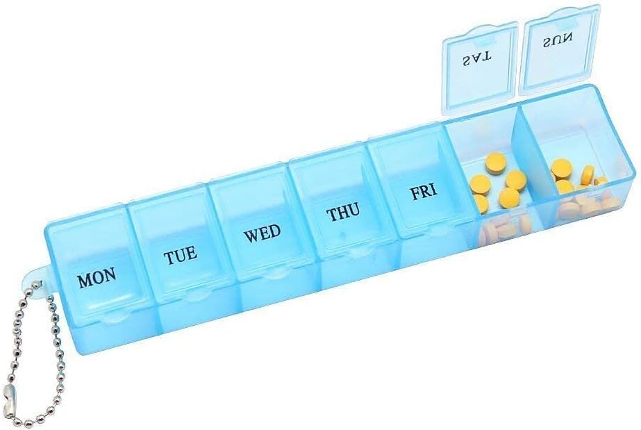 1Pc Blue Personal Pill Organizer Case 7 Days,Reusable Plastic Large Weekly Pill Box,Pills Supplements Vitamins Dispenser Holder,Travel Planner Bussiness Trip Medication Container with Cover