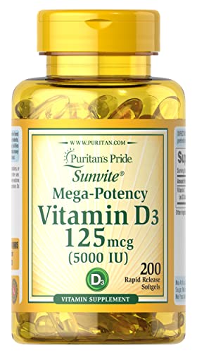 Puritan's Pride Vitamin D3 5,000 IU Bolsters Immunity for Immune System Support and Healthy Bones and Teeth Softgels, Packaging May Vary, Unflavored, 200 Count