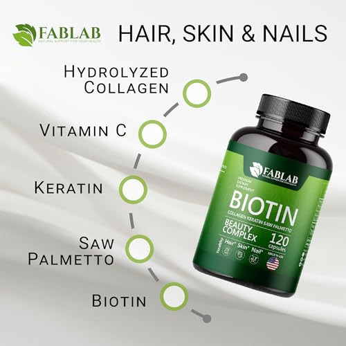 FabLab Biotin Vitamins with Collagen, Keratin & Saw Palmetto for Women and Men - Biotin 10000 mcg Hair Skin Nails Supplement for Hair, Skin, and Nails Wellness - Made in USA, 120 Capsules