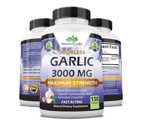 NaturaLife Labs A Higher Standard Odorless Pure Garlic 3000 mg per Serving Maximum Strength 150 Soft gels Promotes Healthy Cholesterol Levels Immune System Support